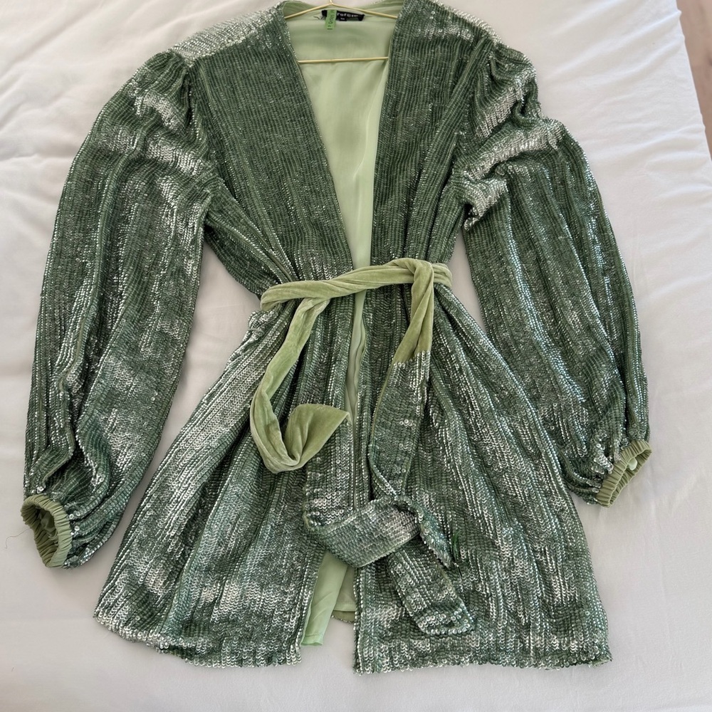 Retrofete Shimmering Green Sequin Wrap Midi Dress